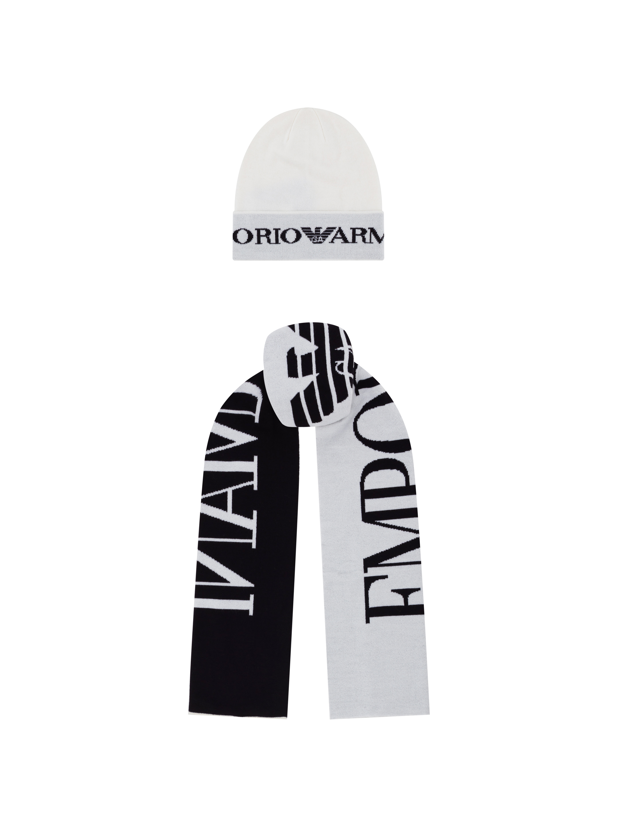 Emporio Armani Kids Knitted White Hat and Scarf Set with Intarsia Logo - 1