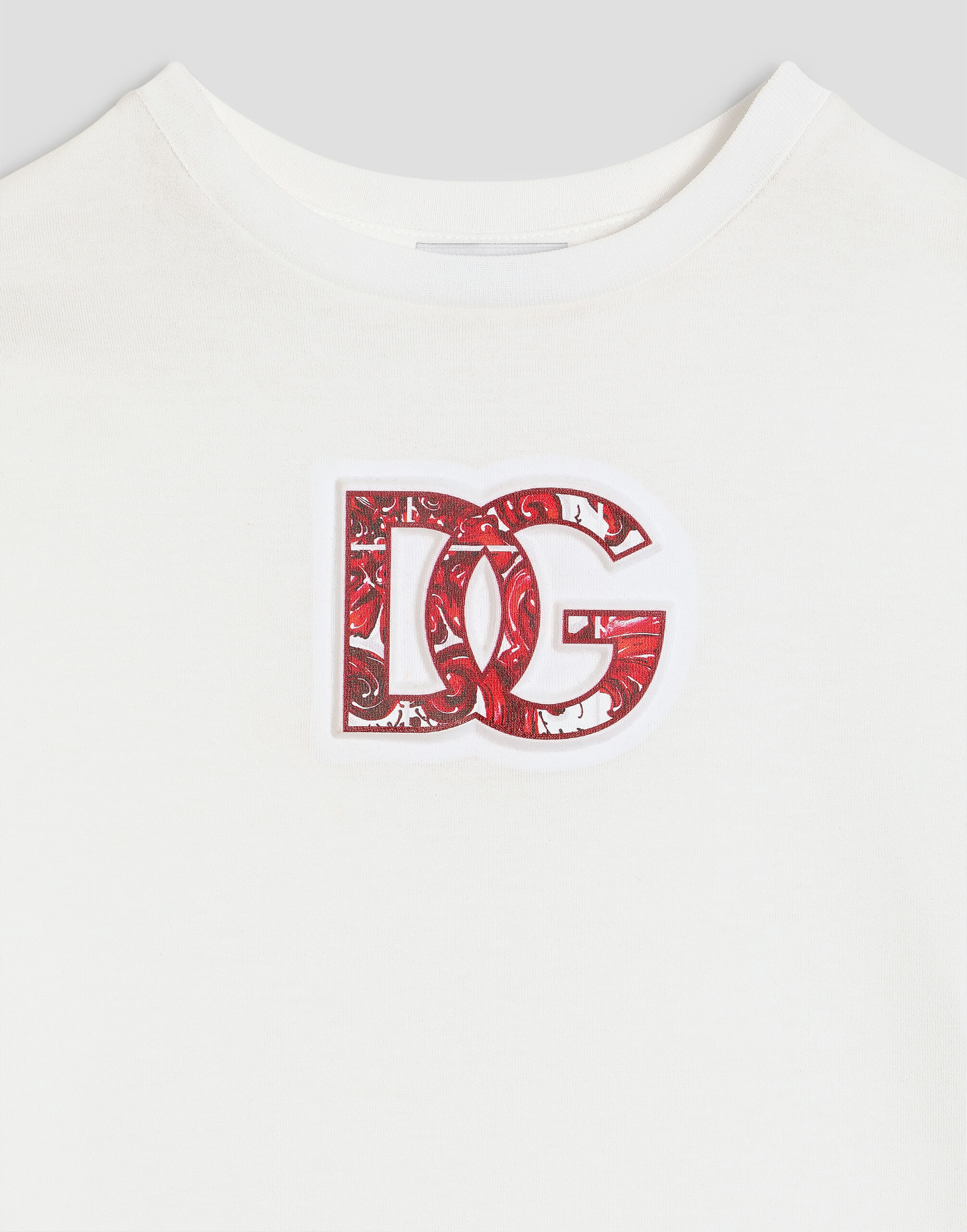 Dolce & Gabbana Kids Dziecięcy T-shirt z jerseyu z wytłoczonym logo DG i nadrukiem Majolica - 4
